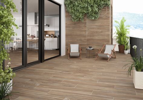 In this installation image, notice the Bengala Walnut floors and walls and that the floors extend indoors and outdoors. Outdoor Wood Tiles, Tile Patio Floor, Outdoor Wood Flooring, Bedroom Floor Tiles, Wood Like Tile, Wood Effect Floor Tiles, Wood Wall Tiles, Wood Plank Tile, Wooden Floor Tiles