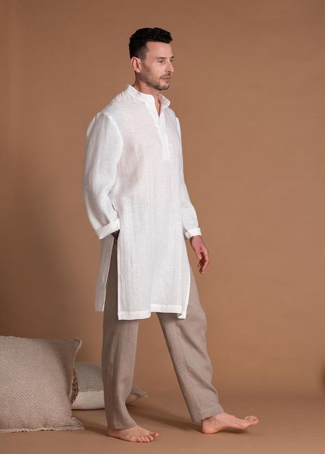 Mens Linen Outfits, Long Linen Shirt, Linen Men, Linen Clothing, Palette Color, Mens Linen, Summer Linen, Linen Tunic, Kimono Cardigan