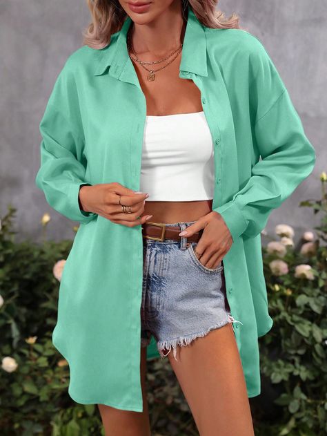 Mint Green Casual Collar Long Sleeve Woven Fabric Plain Shirt Embellished Non-Stretch  Women Clothing Green Chemise Outfit, Green Shirt Outfits Women, Green Shirt Outfit Ideas, Green Blouse Outfit, Casual Long Sleeve Shirts, Plain Shirt, Women Blouses, Jeans Outfit, Women Shirts Blouse