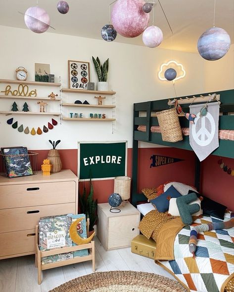 Boys Bedroom Bunkbeds Room Ideas, Toddler Boy Room Colorful, Red Boys Bedroom Ideas, Green And Mustard Nursery, Children’s Bedroom Colour Ideas, Boys Red Bedroom Ideas, Shared Boys Room Toddler, Red Toddler Room, Blue Little Boys Room