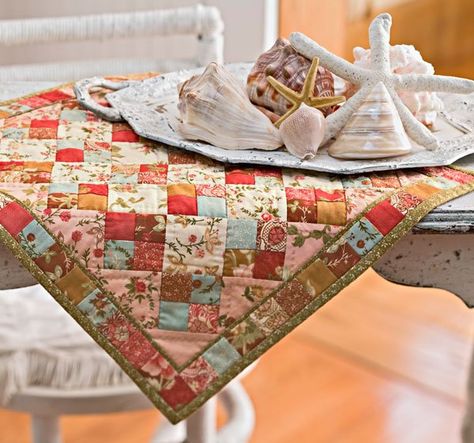 The recipe for this table mat is simple—just mix together a batch of charm squares with two fat quarters. Bay Breeze, Patchwork Inspiration, Charm Squares, Mini Quilt Patterns, Spring Quilts, Country Quilts, Miniature Quilts, Doll Quilt, Quilts Ideas