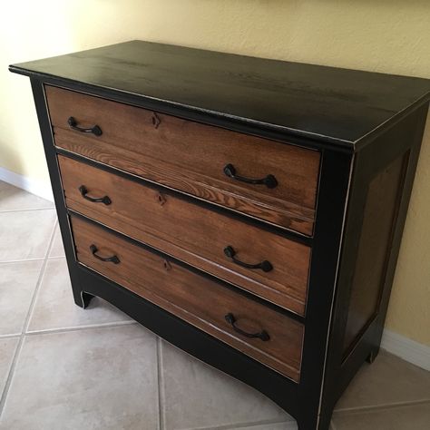 Series of Black and Oak pieces. #1 Antique 3 drawer dresser in Ace black satin oil paint. Drawers stained with minwax Provincial  stain. Stained Wood Dresser, Natural Wood Dresser, Cheap Furniture Makeover, Easy Furniture Makeover, Stained Dresser, Diy Furniture Makeover Ideas, Dresser Furniture, Diy Dresser, Diy Furniture Renovation