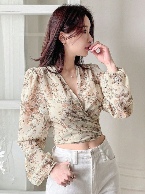 Multicolor Boho Collar Long Sleeve Woven Fabric Floral,Plants,All Over Print Top Embellished Non-Stretch Summer Women Clothing Floral Tops For Women Casual, Floral Shirt Outfit Women, Floral Tops For Women, Wrap Top Outfit, Floral Shirt Outfit, Floral Wrap Top, Sheer Long Sleeve Top, Elegant Tops, Fashion Top Outfits