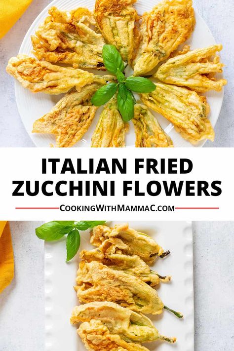 Learn to make Italian Fried Zucchini Flowers! They'll be ready in about 30 minutes. Don't miss this delicious recipe and information about buying, picking and storing squash blossoms. This will be one of the best appetizers of your life! Storing Squash, Squash Blossom Recipe, Fried Zucchini Flowers, Fried Squash Blossoms, Squash Flowers, The Best Appetizers, Zucchini Recipes Baked, Italian Christmas Recipes, Fried Zucchini