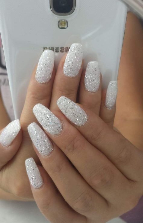 Kiara Sky White and Masterpiece Sparkly White Nails Coffin, White Short Nails Christmas, White Short Glitter Nails, Sparley White Nails, Simple White And Silver Nails, White Sparkly Nails Almond, White Dip Nail Ideas, White And Sparkly Nails, Snowy Nails White Glitter