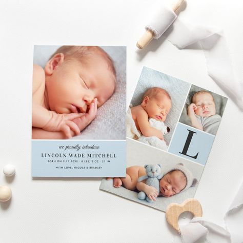 Modern Pale Blue Baby Boy Photo Collage Birth Announcement Boy Birth Announcement Card, Blue Gray Background, Baby Boy Birth Announcement, Birth Announcement Boy, Birth Announcement Card, Baby Birth Announcement, Elegant Photo, Baby Boy Photos, Boy Photo