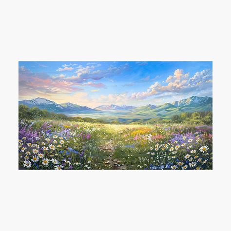 Get my art printed on awesome products. Support me at Redbubble #RBandME: https://www.redbubble.com/i/photographic-print/Dreamy-Landscape-Painting-Endless-Field-with-Wildflowers-and-Distant-Mountains-by-jozefinszucs/160582298.6Q0TX?asc=u Distant Mountains Landscapes, Wildflower Landscape Painting, Mountain Landscape Photography Horizontal, Landscape Paintings Horizontal, Endless Field, Floral Landscape Painting, Horizontal Painting, Distant Mountains, Mountain Landscape Photography