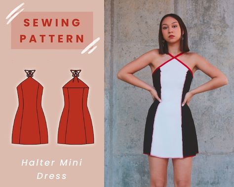 Sewing Pattern Mini Dress, Triangle Dress Pattern, Hoco Dress Pattern, Diy Dress Pattern Easy, Diy Halter Dress, Outfit Sewing Pattern, Mini Dress Sewing Pattern, Lisa Outfit, Mini Dress Pattern