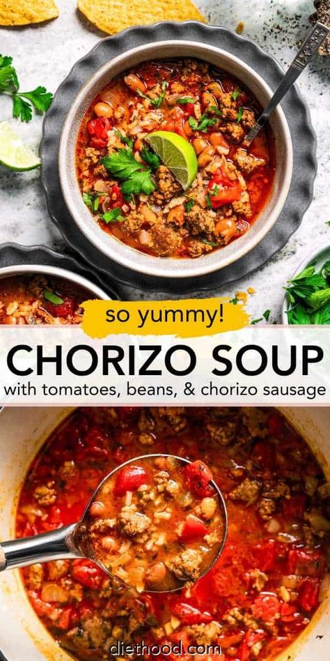 This spicy chorizo soup is a one-pot wonder filled with hearty beans and rice, tangy tomatoes and herbs, and juicy sausage in every bite. #chorizo #soup #easyrecipe Chorizo Recipes Soup, Bean And Chorizo Soup, Chorizo Bean Soup, Recipes That Use Chorizo, Chorizo Potato Soup, Mexican Chorizo Recipes Dinners, Mexican Chorizo Recipes, Chorizo Soup Recipes, Chorizo Recipes Dinner