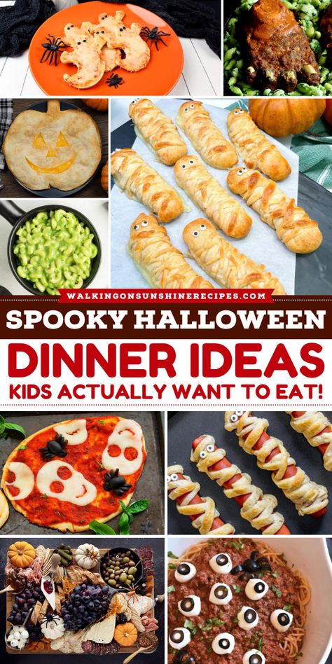 These Halloween dinner recipes are entertaining and delicious! Here's a variety of Halloween themed food, from skull pizzas, cheesy mozzarella cheese sticks, spaghetti, pasta, and more! These foods are both spooky and satisfying! Spooky Halloween Dinner For Kids, Easy Halloween Pizza, Kid Friendly Halloween Dinner Ideas, Easy Spooky Food, Halloween Themed Meals For Kids, Halloween Spooky Dinner, Halloween Kid Dinner Ideas, Halloween Family Dinner Ideas, Easy Halloween Dinner Ideas For Kids