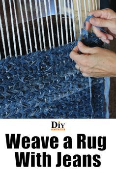 Denim Rag Rugs Diy, Square Rag Rug Diy, Denim Woven Rug, Weaving A Rug On A Loom, Weave Rag Rug, Denim Rugs To Make, Blue Jean Rag Rug, Jean Rugs Diy How To Make, Rag Rug Weaving Tutorials