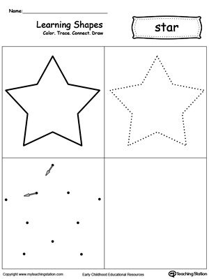 Learning Shapes: Color, Trace, Connect, and Draw a Star: Learn the star shape by coloring, tracing, connecting the dots and drawing with My Teaching Station printable Learning Shapes worksheet. Star Worksheet, Trace Shapes, Kindergarten Shapes, Draw A Star, Peraturan Kelas, Preschool Shapes, Star Drawing, Printables Preschool, Drawing Shapes