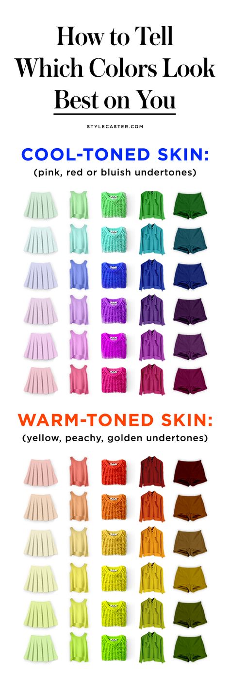 Skin Undertones Chart—How to tell which colors look best on your skin tone. Not sure if you have cool or warm undertones? There are a few easy tests to figure it out—like checking the color of your veins or the sun's effect on your skin. Click through and we'll show you how to easily determine your undertone! @stylecaster | StyleCaster Colors For Cool Undertones, Warm Skin Tone Colors, Warm Hair Color, Skin Undertones, Mode Tips, Winter Color Palette, Warm Skin Tone, Cool Skin Tone, Winter Typ