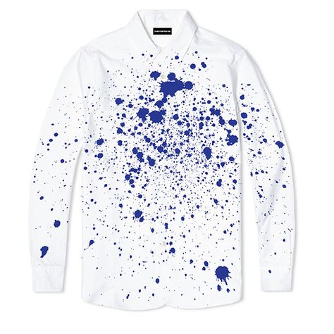 Spots And Spills On Fabric, Rugs, Clothes: If You Can’t Beat’em, Join’em Street Chicken, Paint Splatter Shirt, Spilled Wine, Paint Splash, White Shirt Dress, Paint Splatter, Blue Paint, A Pattern, Surface Design