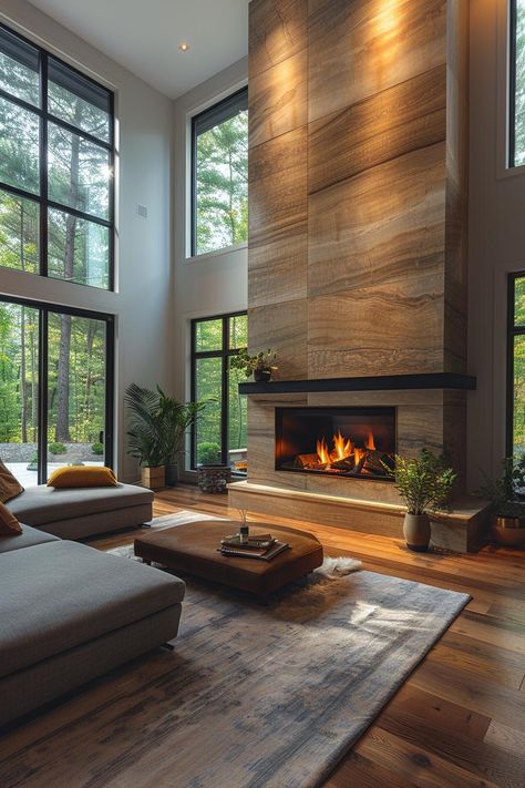 40 Fireplaces With Windows on Each Side for Natural Light and Views Modern Fireplaces Ideas Living Rooms, Fireplace Contemporary Design, Fireplace Cladding Ideas, Living Room Beams Ceiling Vaulted, Modern Mountain Fireplace, Indoor Fireplace Living Rooms, 2 Story Fireplace Wall, Contemporary Mountain Home Interiors, Chimney Wall Ideas