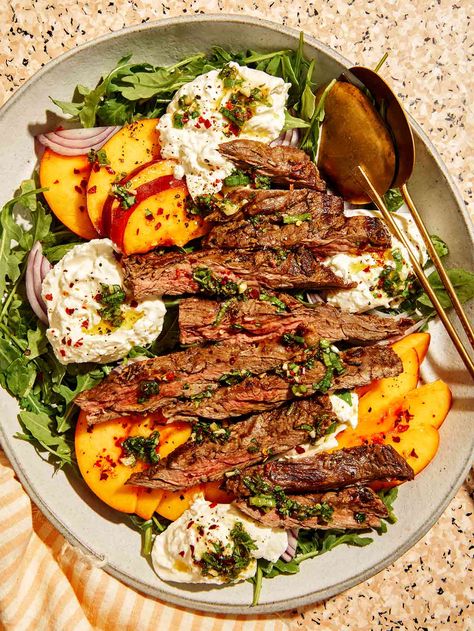 Skirt Steak Salad, Steak Salad Recipe, Marinated Skirt Steak, Herb Vinaigrette, Skirt Steak Recipes, Sliced Peaches, Grilled Skirt Steak, Spoon Fork Bacon, Salad Spoon