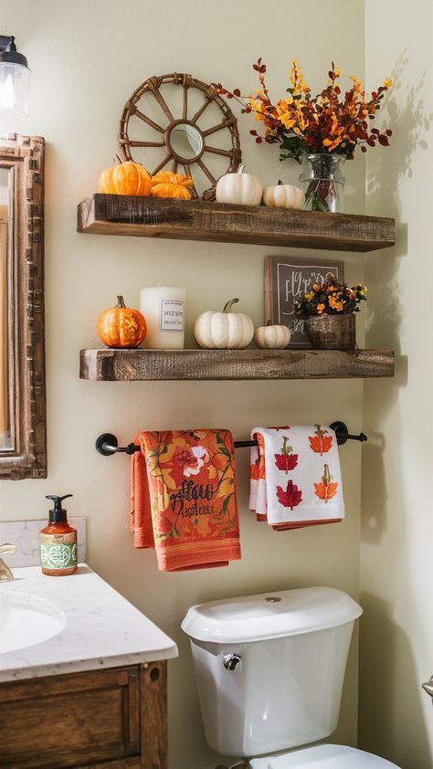 Add a touch of autumn to your bathroom with simple fall decor ideas. Discover how small changes can make a big impact this season. Bathroom Fall Ideas Decor, Simple Autumn Decorations, Fall Decor Small House, Fall Decorations Bathroom, Small Space Fall Decor, Small Bathroom Fall Decorations, Amber Bathroom Decor, Fall Decor For Bathroom, How To Decorate A Bathroom