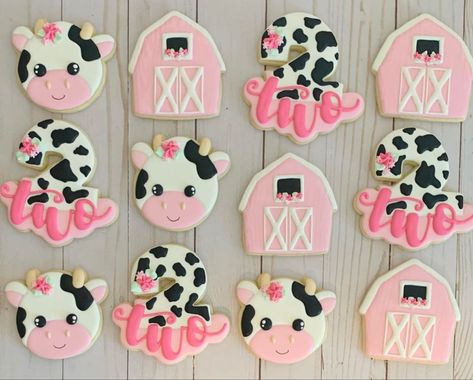 Cow Cookies 2nd Birthday, Cute Cow Birthday Cakes, Pink Cow Birthday Party Food, Highland Cow Second Birthday, Click Clack Moo Birthday Party, 4 Ever Moody Birthday Cake, Farm Animal Birthday Cookies, Cow Party Desserts, Moo Moo I’m Two Birthday Cake