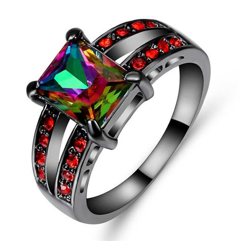 18K Black Gold Filled Jewelry Rainbow Topaz&Red Engagement Ring Women's Size 8 Red Engagement Ring, White Gold Ruby Ring, Radiant Cut Ring, Radiant Cut Rings, Rainbow Topaz, Black Gold Ring, Sapphire Wedding Rings, Rainbow Sapphires, Black Wedding Rings