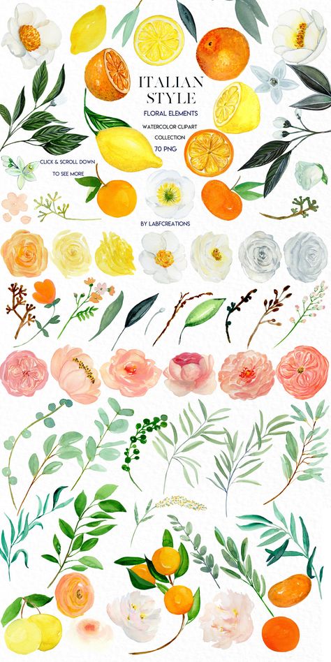 Italian Style. Watercolor tiles. by LABFcreations on @creativemarket Citrus Watercolor, Italian Flowers, Italian Pattern, Mediterranean Art, Citrus Wedding, Vintage Clip Art, Tea Ideas, Art Clip, Watercolor Clip Art