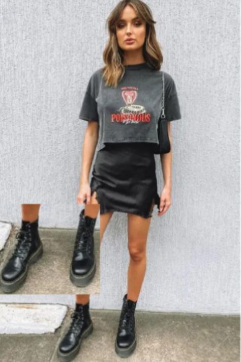 Lace Up Skirts Outfits Casual, Black Leather And Lace Outfit, Black Mini Slip Skirt Outfit, Going Out Alternative Outfits, Short Black Silk Skirt Outfit, Graphic Tee And Skirt Outfit Fall, Black Skirt Rock Outfit, Edgy Relaxed Outfits, Going Out Outfits Gen Z