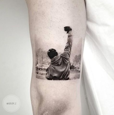 Rocky Balboa (Sylvester Stallone) by Zlata Kolomoyskaya, artist and co-owner of Dot. Creative Group in NYC. Rocky Tattoo, Boxing Tattoos, Ink Master Tattoos, Tattoo Ideas Males, Sport Tattoos, Tatuagem Masculina Pequena, Movie Tattoo, Movie Tattoos, Tattoo For Son