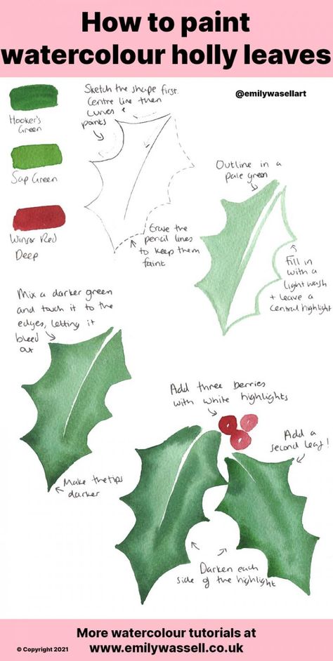 Christmas Theme Watercolor Painting, Watercolor Holly Leaves, Watercolour Holly Leaves, Christmas Watercolor Paintings Easy Step By Step, Christmas Holly Painting, How To Draw Holly Leaves, Sketching For Watercolour Painting, Beginner Christmas Watercolor, How To Paint Holly Leaves