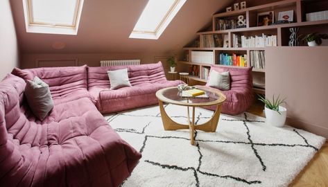 Attic Snug, Pink Room Design, Attic Living Room, Low Ceiling Attic, Sloped Ceiling Bedroom, Small Attic Room, Attic Decor, Tiny Loft, Attic Office