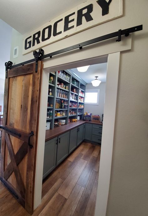 Bedroom Into Pantry, Huge Pantry Walk In With Fridge, Industrial Farmhouse Pantry, Modern Rustic Pantry, Farmhouse Pantry Design Walk In, Western Pantry Ideas, Pantry Room Design Walk In, Homestead Pantry Design, Barndominium Pantry Ideas