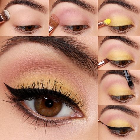 Yellow And Black Eye Makeup, Makeup To Match Yellow Dress, Yellow Summer Makeup, Yellow Pastel Makeup, Haldi Mekup Simple, Amber Eye Makeup, Makeup With Yellow Suit, Yellow Eyeshadow Looks Simple, Yellow And Silver Makeup Looks