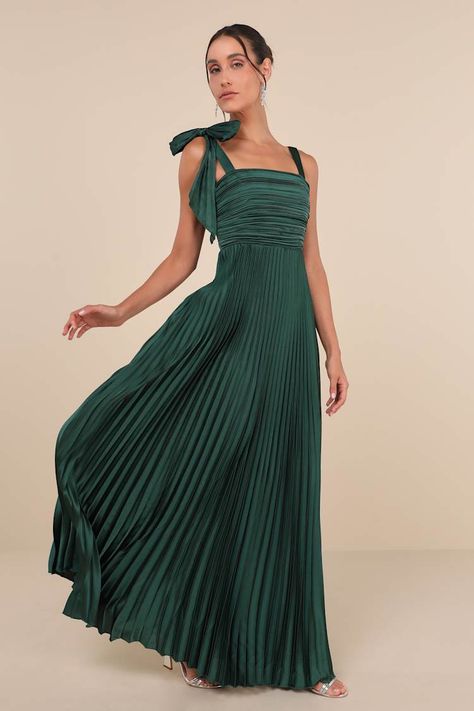 Emerald Satin Dress - Pleated Maxi Dress - Bow Bridesmaid Dress - Lulus 20s Bridesmaid Dress, Fairy Like Bridesmaid Dresses, Christmas Bridesmaid Dresses Green, Fall Wedding Attire Guest Dresses, Bridesmaids Green Dresses, Sage Green Wedding Guest Outfit, Shoes To Wear With Maxi Dress In Fall, Green Dress Bridesmaid Dress, Strapless Pleated Dress