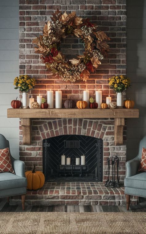 10 Best Fall Mantel Decor Ideas You Can Copy Immediately Short Mantel Decorating Ideas, Fireplace Display Ideas, Fall Mantal, Pumpkin Mantle Decor, Fall Mantle Decor With Tv, Autumn Mantel Decor, Simple Fall Mantle, Mantle Fall Decor, Mantle Decor With Tv Above