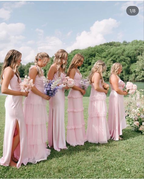 Bridesmades Dresses, Pink Bridesmaid Dresses Mismatched, Pastel Pink Bridesmaid Dresses, Wedding Ideas 2024, Pink Bridal Party, 2026 Wedding, Light Pink Bridesmaids, Light Pink Bridesmaid Dresses, Mix Match Bridesmaids