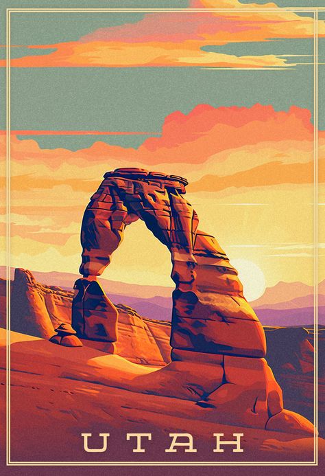 Delicate Arch Painting, Delicate Arch Tattoo, Desert Illustration Art, Utah Illustration, Utah Drawing, Western Mural, Utah Aesthetic, Graphic Memoir, Utah Poster