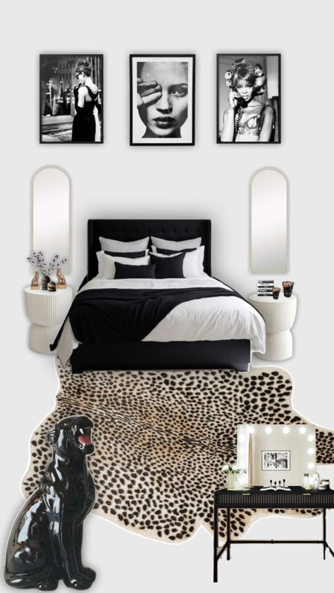 Modern black and white room with hints of gold Black And White Vanity Room, Room Ideas Cheetah, Cheetah Print Room Ideas Bedrooms, Cheetah Print Bedroom Aesthetic, Gold White And Black Bedroom, Black And Cheetah Bedroom, Jazz Aesthetic Bedroom, Cheetah Room Aesthetic, Black And White Glam Bedroom