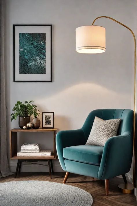 Stylish reading corner with DIY cushions Chaise Reading Nook, Hallway Chair Ideas, Small Corner Sitting Area, Reading Nook In Master Bed, Apartment Reading Corner, Reading Nook Corner Small Spaces, Sitting Corner In Living Room, Hall Corner Decor Ideas, Reading Corner Adult