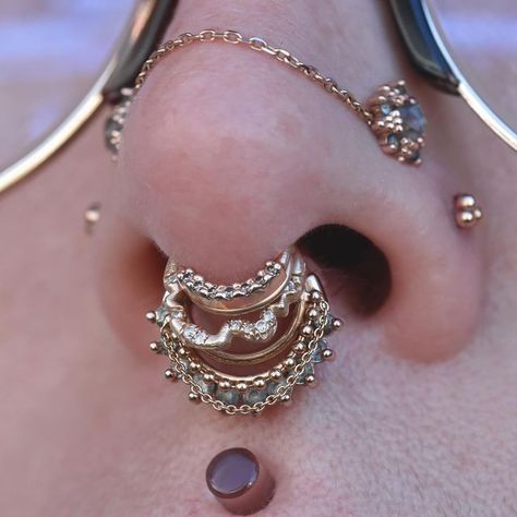 Mercedes Courtoreille on Instagram: "A little stack update! I’ve been stacking my septum for years and always swap things around pretty regularly, but I have to say I’m quite pleased with my current setup ✨ From top to bottom, I have a fixed 7 gem ring with champagne diamonds and plain seam ring from @alchemyadornment , a wiggly Diamond clicker and then beaded chain seam right both from @pupil.hall , and finally in the back I have a Dahlia snap ring with teal grey sapphires again from Alchemy Ad Cute Body Jewelry, Stacked Septum Ring, Septum Stack, Stacked Septum, Double Nose Piercing, Septum Piercing Jewelry, Dope Jewelry Accessories, Face Piercings, Face Jewellery