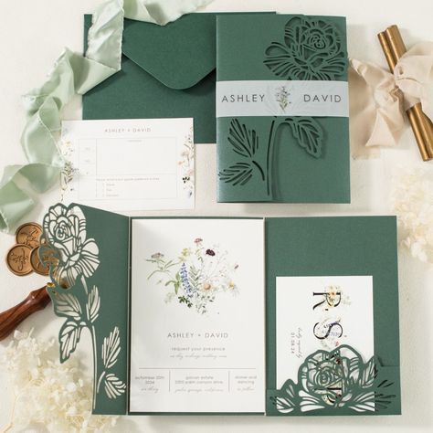 Card TypeDimensionCardstockPrinting MethodLaser Cut Wrap5.00 x 7.28 in (w x h)No.184 Emerald Green/Outer envelope5.24 x 7.48 in(w x h)No.010 Ivory Shimmer/Printed invitation4.72 x 7.09 in (w x h)No.339 WhiteDigital PrintingBelly Band13.39 x 1.38 in (w x h)No.358 White Matte Vellum Paper 180gsm/66lbDigital PrintingEnvelope for RSVP Card5.12 x 3.82 in (w x h)No.010 Ivory Shimmer/RSVP Card3.50 x 5.00 in (w x h)No.339 WhiteDouble-side Digital printing Cricut Wedding Invitations Rustic, Wedding Invitations Olive Leaves, Wedding Invite Cricut, Floral Embossed Wedding Invitations, Tuscan Inspired Wedding Invitations, Cricut Wedding Invite, Wedding Invites With Vellum, Sage Green And Wildflower Wedding, Wedding Invitations Garden Theme