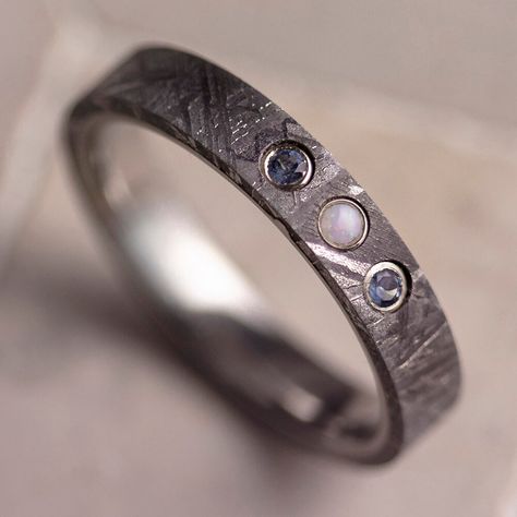 Meteorite Wedding Band With Three Stones Mens Ocean Wedding Rings, Male Rings With Stones, Comfortable Wedding Rings, Mens Wedding Rings With Stones, Men’s Wedding Bands Meteorite, Wedding Signet Ring Men, Alternative Wedding Rings Men, Men’s Engagement Rings Signet, Unique Men’s Engagement Rings