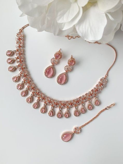 Pink Teardrops in Rose Gold Necklace Sets THE KUNDAN SHOP Peach Items, Regency Core, Scrapbooks Ideas, Light Weight Necklace, Indian Wedding Jewellery, Desi Jewelry, Pink Jewelry Set, Perhiasan India, Fancy Jewelry Necklace