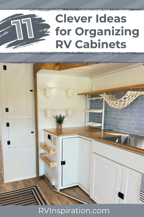 Rv Kitchen Cabinets, Boho Rv, Rv Kitchen Organization, Camper Furniture, Rv Cabinets, Under Cabinet Storage, Rv Inspiration, Camper Reno, Ideas For Organizing