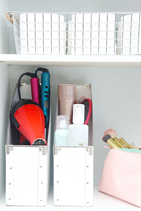 IHeart Organizing: Organize With This: Magazine Files! How To Store Curling Irons Tool Storage, Heat Tools Organization, Hair Dryer Organization, Hair Dryer Storage Ideas, How To Store Hair Tools, Store Hair Tools, Dollar Store Bathroom Organization, Inside Magazine, Product Storage