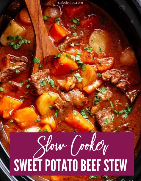 Sweet Potato Beef Stew, Crock Pot Sweet Potatoes, Slow Beef Stew, Rv Cooking, Stew Crockpot, Sweet Potato Soup Recipes, Slow Cooker Sweet Potatoes, Stew Beef, Crockpot Recipes Beef Stew