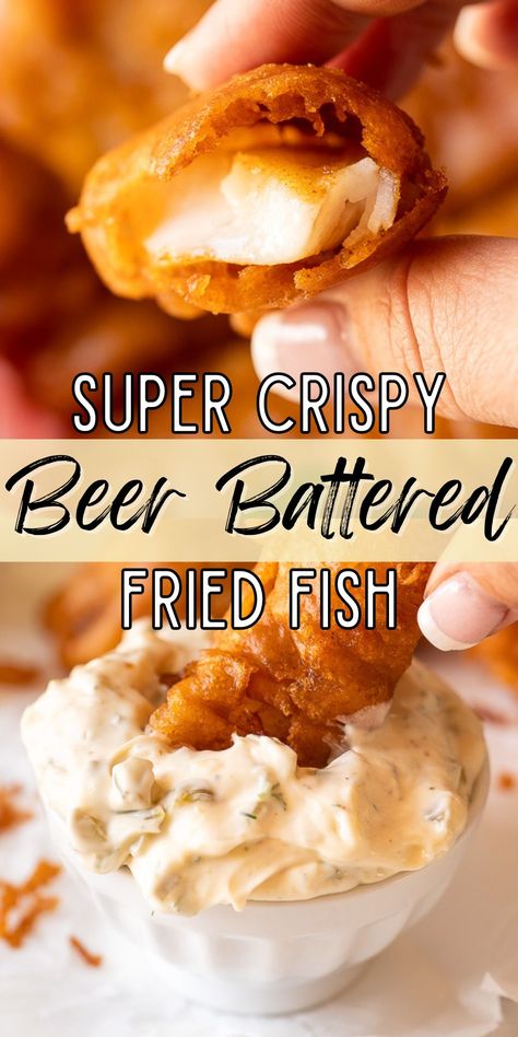 This Crispy Beer Batter Fish Recipe is made with basic ingredients and creates a crunchy coating around flaky, tender white fish! Fried fish is great with homemade Tartar Sauce or used to make crispy fish tacos! Best Beer Battered Fish Recipe, Beer Battered Fish Recipes Deep Frying, Beer Batter Recipe For Fish, Homemade Beer Batter Fish, How To Deep Fry Fish, Fish Tacos Batter, Fried Foods Recipe, Fish Coating For Frying, Fish Batter Recipe Crispy