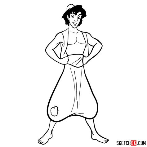 How to draw Aladdin Aladdin Drawing Easy, Sleeve Tattoos Disney, Aladin Drawing, Aladdin Cookies, Aladdin Sketch, Jasmine Drawing, Tattoos Disney, Aladdin Characters, Disney Sleeve Tattoos