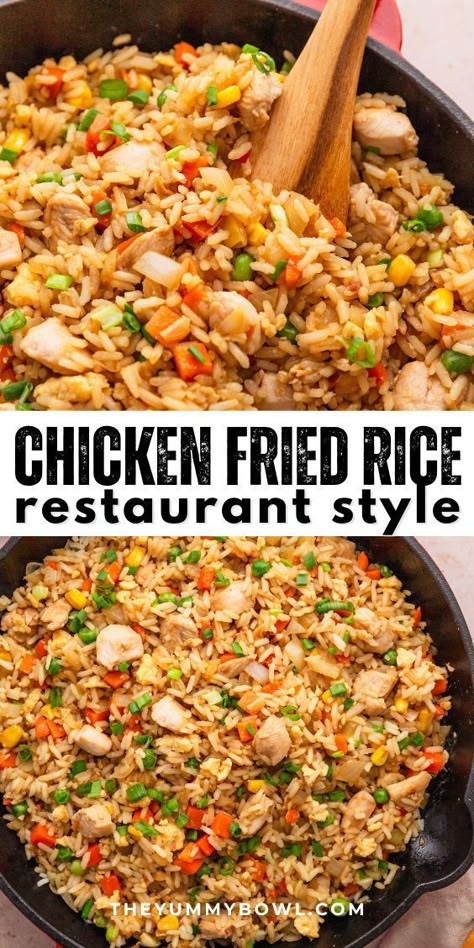 If you are looking for a quick and easy dinner option, this chicken fried rice recipe from The Yummy Bowl is the perfect meal! In just 20 minutes and with one skillet, you'll have a chicken fried rice that beats takeout any day! Bursting with flavor, chicken, and without the grease of traditional options. Asian Chicken Fried Rice, Chicken Friend Rice, Make Ahead Fried Rice, Chicken Fried Rice Casserole, Fried Rice Bowl Recipes, Fried Rice Recipe No Veggies, Refried Rice Recipes Chinese, Chicken Fried Rice Recipe Chinese, Best Fried Rice Recipe Ever