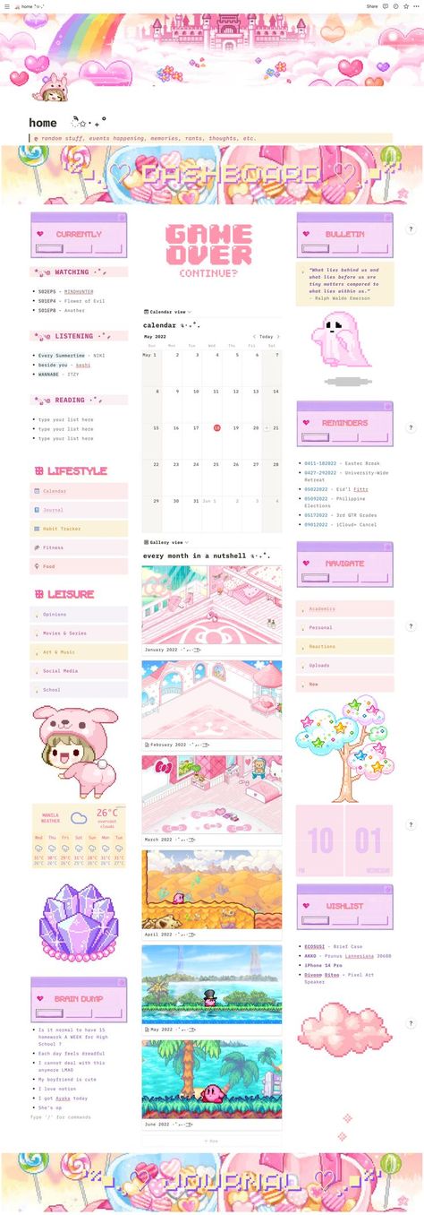 #notion #page #aesthetic #pixel #gamer #school #inspo #inspiration #student #template #pixel #school #hub #planner #setup #set #home #dashboard #pink #journal #bujo #cute #reminders #diary Gaming Notion Template, Notion Header Aesthetic Study Pink, Home Page Notion Aesthetic, Notion Game Template, Y2k Notion Template, Sanrio Notion, Notion Home Dashboard, Y2k Notion, Notion Templets