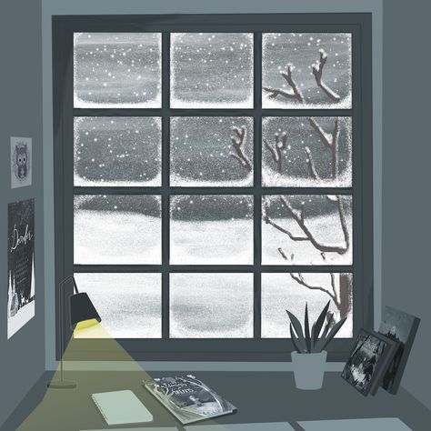 Snowy Window Illustration, Snowy Window Drawing, Winter Window Drawing, Snowfall Drawing, Pantone Painting, Lofi Animation, Window Sketch, Snowy Window, Christmas Widgets