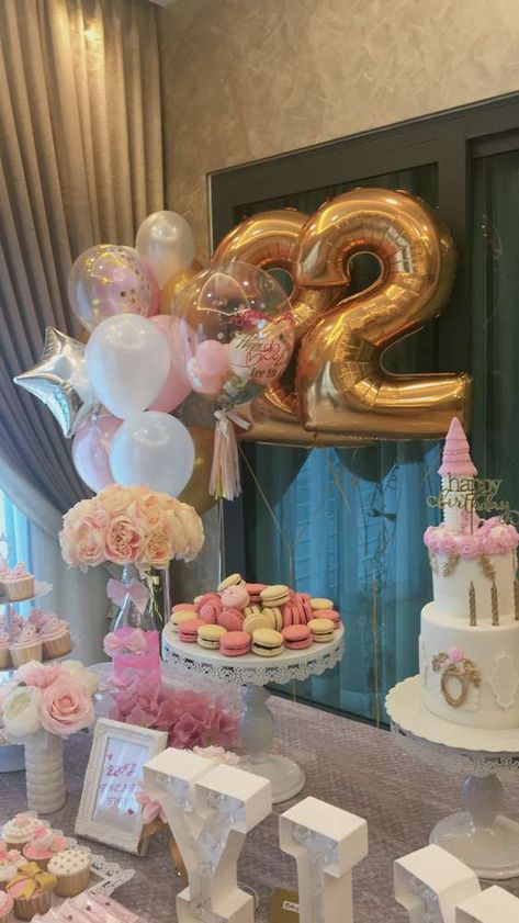 Lee Yin's 22nd Elegant Theme Birthday Party | CatchMyParty.com 22nd Birthday Themes For Her, 22 Birthday Decor, 22 Party Ideas, Birthday White Theme, 22 Birthday Ideas For Her, 22 Birthday Ideas Decoration, 22 Birthday Theme, 22 Birthday Party Ideas, Pink And White Birthday Decor