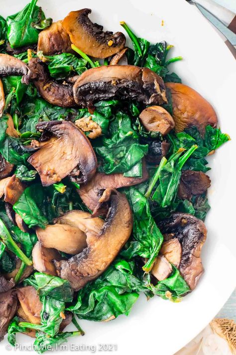 Sautéed spinach and mushrooms with garlic is a quick, easy, and healthy side dish perfect for a weeknight meal! Ready in about 10 minutes start to finish! Spinach And Mushroom Recipes, Mushroom Side Dish Recipes, Mushroom Side Dish, Spinach Side Dish, Spinach Recipes Healthy, Mushroom Side Dishes, Side Dishes For Salmon, Exciting Recipes, Mushrooms And Spinach